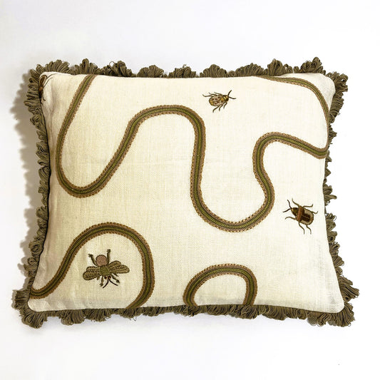 Cushion - Beetle Road in Savannah with Fan Edge Trim and Linen reverse