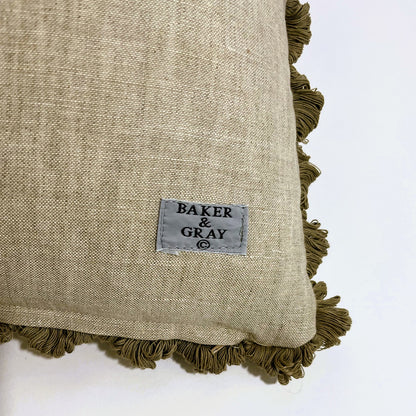 Cushion - Beetle Road in Savannah with Fan Edge Trim and Linen reverse
