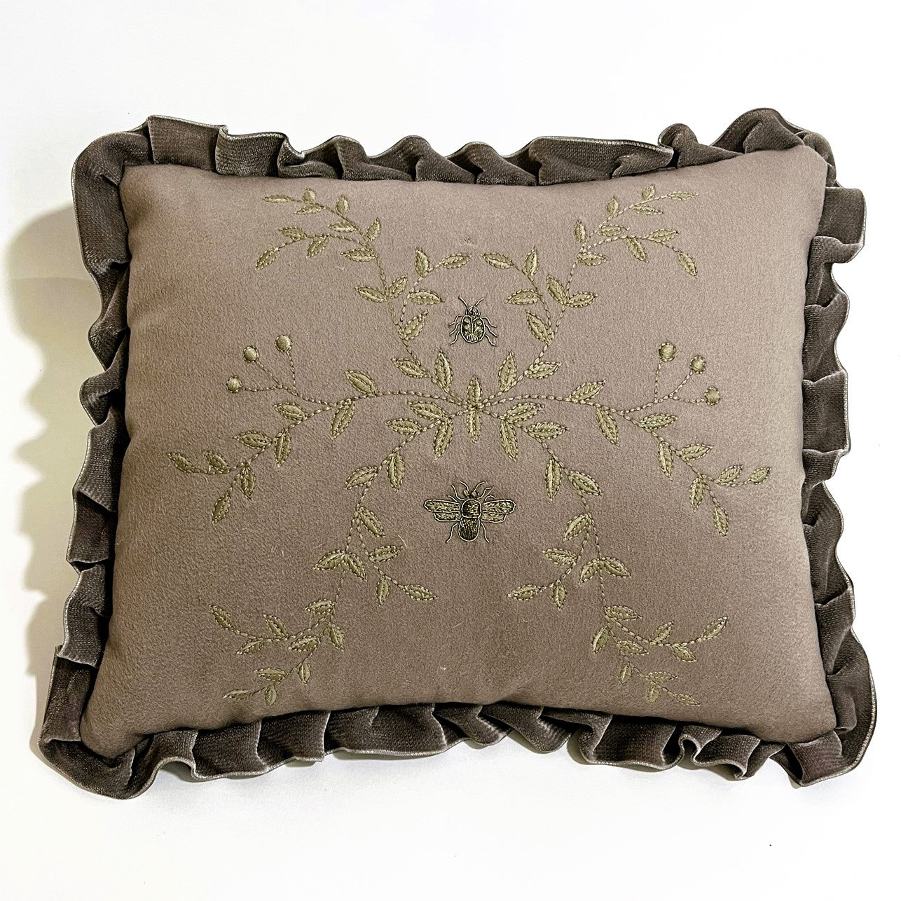 Cushion - Wild Vine & Bee in Cashmere & Metal Thread with Pleated Velvet Trim and Velvet reverse