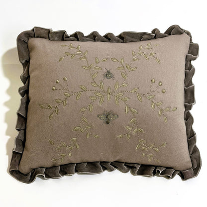 Cushion - Wild Vine & Bee in Cashmere & Metal Thread with Pleated Velvet Trim and Velvet reverse