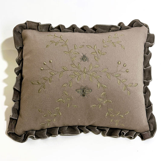 Cushion - Wild Vine & Bee in Cashmere & Metal Thread with Pleated Velvet Trim and Velvet reverse